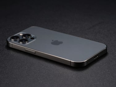 Side profile macro shot of iPhone 12 Pro Max, showing the flat edges and matte glass back, under sharp studio lights, dark textured background