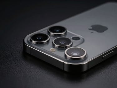 Macro shot of iPhone 15 Pro Max camera module, high-contrast studio lighting, deep obsidian background, sharp details of lens and titanium bezel