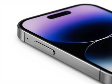 Close-up of iPhone 14 Pro screen edge, showing crisp display and minimal bezel, high-contrast lighting, titanium gray surface reflection