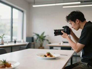 Wide shot of a content shoot in progress inside a minimal agency workspace, a photographer framing a plated dish on a white table, natural light from large windows, equipment visible, no posed smiles