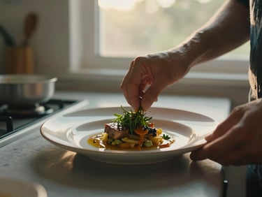 Close-up of hands plating a dish on a pale ceramic plate, golden-hour natural light from a kitchen window, herbs and sauce visible mid-motion, documentary framing, no flash