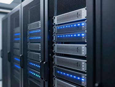 High-tech server room with glowing blue and white lights, structured server racks, macro detail