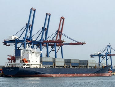 Modern deep-water port with large cargo ships, cool daylight with subtle blue accents, structured industrial composition