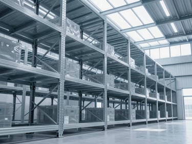 High-tech logistics warehouse interior with structured steel racks, clean cool daylight filtering through high windows.