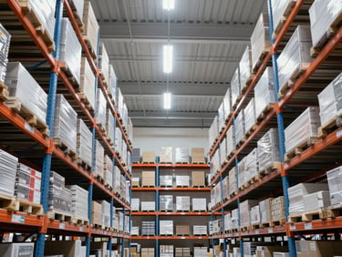 Structured logistics warehouse interior with high shelves, clean architectural lighting