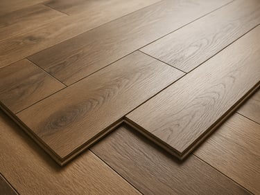 Close-up overhead of laminate flooring planks with realistic wood-grain embossing, sample board laid flat on a showroom table under natural window light, texture visible in the beveled edges