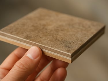 Close-up of luxury vinyl plank sample being held by a hand, showing the layered core construction from the side, warm stone-look surface pattern, photographed under showroom daylight