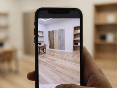 Close-up of a smartphone screen displaying a flooring installation video paused mid-play, showroom background out of focus, warm natural light, documentary framing