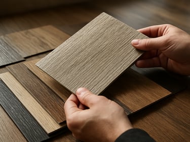 Close-up of luxury vinyl plank samples fanned out on a showroom table, hands holding one plank at an angle to catch daylight, texture and embossing visible on the surface