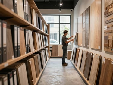 Wide environmental shot inside a flooring showroom, rows of manufacturer sample binders and display boards lining the walls, warm amber daylight from a large window at the far end, a contractor standing in the aisle studying a sample board, depth of field showing the breadth of product on display
