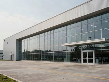Wide-angle view of a modern logistics terminal facade, clean glass lines, flat-lay architectural feel, diffused daylight.