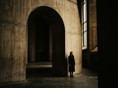 Wide cinematic shot of a solitary figure standing by a towering concrete archway, dramatic natural window light casting deep shadows, high-contrast black and gold tones, medium format film.