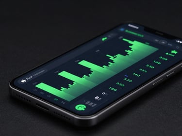 High-fidelity Android device mockup showing a complex data dashboard with neon green charts on a dark interface, high-contrast studio setting, macro lens