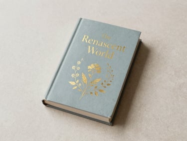 softly lit book mockup of 'The Renascent World' with gold foil accents and botanical details, flat lay on antique paper, soft morning light