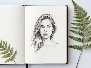 Portrait-oriented image of a character sketch in a notebook, surrounded by botanical details like pressed ferns, soft diffused light, elegant lifestyle photography