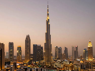 Modern cityscape of Dubai at night, illuminated skyscrapers, wide-angle