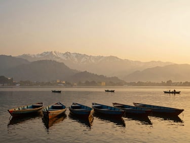Shikara boats on Dal Lake, Kashmir, with snow-capped mountains in background, soft morning mist, wide-angle