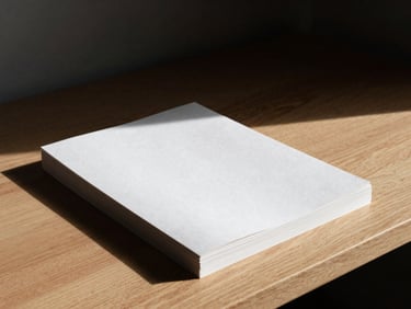 A minimalist wooden desk with neatly stacked manuscript pages, high-contrast side lighting casting long shadows