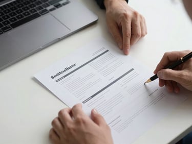 Close-up overhead shot of two hands reviewing printed brand documents on a clean white desk beside a laptop trackpad, soft studio light, no faces visible, focus on the paper and hands