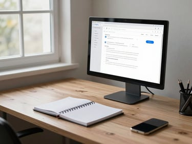 Wide shot of a tidy productivity desk with a monitor displaying a clean dashboard interface, a spiral notebook open beside it, daylight from a nearby window, no person present, calm and organised atmosphere