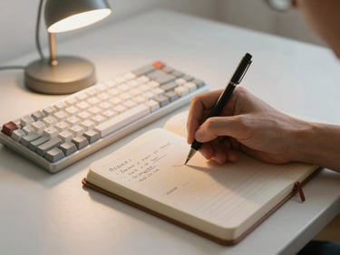 Close-up of a creator's hand writing notes in a journal beside a compact mechanical keyboard and a small desk lamp, warm natural light, focused and deliberate atmosphere, no face shown
