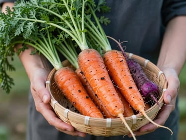 Hands holding a basket of freshly harvested heirloom carrots and radishes, soft outdoor morning light, rich soil details