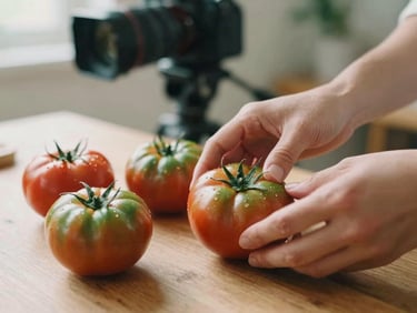 Close-up of hands arranging fresh heirloom tomatoes on a wooden table, a professional camera on a tripod visible in the soft-focus background, warm natural light.