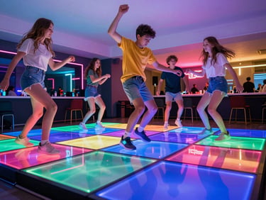 Teenagers dancing on a vibrant, flashing light-up dance floor in a party room, dynamic low-angle framing, neon accents