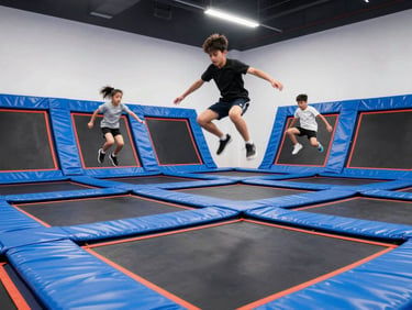 Kids and teens mid-air on vibrant blue trampolines, dynamic low-angle shot, bright indoor lighting, electric blue accents, 35mm.