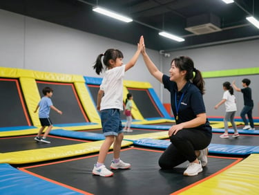 A friendly Volt Adventure Park staff member high-fiving a child on a trampoline, other kids playing in the background, dynamic action shot