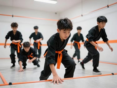 Teenagers navigating a complex ninja course, hands on obstacles, focused expressions, neon orange accents, dynamic framing, bright high-key indoor lighting, 35mm.