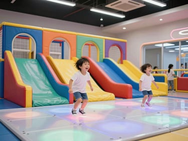 Toddlers laughing in colorful soft-play tunnels, light-up dance floor glowing, bright and welcoming indoor lighting, 35mm.