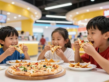 Close-up of happy kids eating pizza and snacks at a table in a vibrant food court area, bright indoor lighting