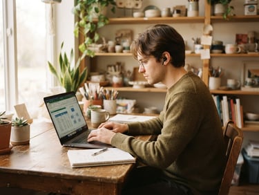 A warm editorial photograph of a young neurodivergent adult learning micro-enterprise skills on a computer, soft natural window light, gentle earthy tones, medium shot, authentic and dignified.