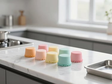 Bright, clean editorial photo of a minimalist modern pastry kitchen, marble countertops, stainless steel tools, soft natural window light