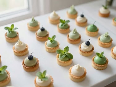 Top-down editorial shot of an elegant dessert table spread, featuring small tarts and pastries arranged in clean geometric lines, fresh mint green accents.