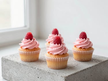 Eye-level shot of three minimalist cupcakes with raspberry pink frosting on a concrete block, bright natural light, clean modern layout.