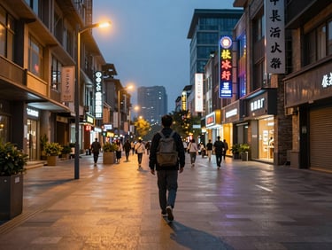 Wide shot of Chengdu's Chunxi Road at dusk, neon signs beginning to glow, a single traveler with a backpack walking away from camera down the wide pedestrian street, warm amber streetlight mixing with fading blue sky