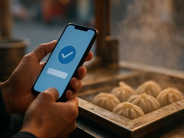 Hands holding a phone displaying Alipay payment confirmation screen at a street food stall counter, steaming dumplings visible on the counter edge, early morning soft ambient light