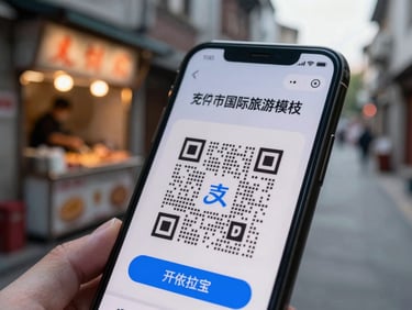 Close-up of a phone screen with Alipay's international tourist mode QR payment screen open, a street food stall visible in the background, early morning Shanghai alley, soft diffused daylight