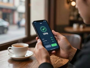 Traveler's hands holding a smartphone showing a VPN connection status screen, sitting at a café table in a Chinese city, a cup of tea beside the phone, warm window light from the left, background gently out of focus