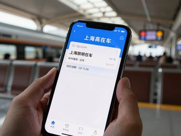 Smartphone screen showing Trip.com train ticket booking page for Shanghai to Hangzhou high-speed rail, phone held over a train station bench, afternoon light from a high skylight above