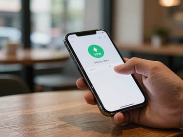 Close-up of a hand tapping a phone screen showing a VPN app interface with connection status active, soft indoor coffee-shop light, wooden table surface below, blurred urban window view behind