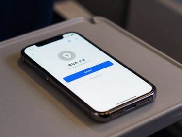 Close-up of a smartphone screen showing a mobile data eSIM activation interface, phone resting on an airplane tray table, soft diffused cabin light, no people visible