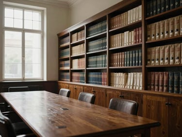 Wide interior of a legislative archive room, rows of bound documents on dark wood shelves, daylight entering through tall windows on the left, empty reading table in the foreground, institutional stillness