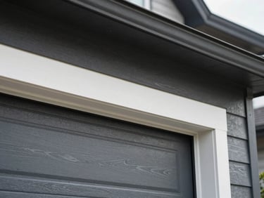 Close-up of a bent residential garage door track, showing the deformation. Crisp daylight, sharp details, 35mm lens.