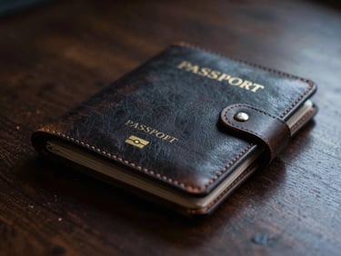 Close-up of a vintage leather travel document wallet, a passport visible, on a dark polished wood surface, moody lighting, soft glow.