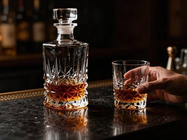 Close-up of a crystal decanter with amber liquid, a hand holding a cut glass, on a dark, reflective bar counter, low-key lighting.