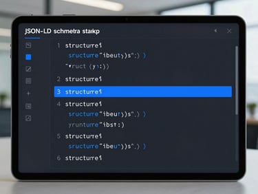 Clean UI mockup of a JSON-LD schema markup generator screen, showing nested structured code, electric blue accents, dark slate background