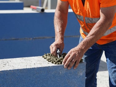 Hands of a professional mason laying a concrete block with mortar, realistic construction photography, bright natural daylight, deep blue tones, 35mm